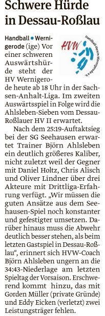 Volksstimme Vorschau auf das Match der 1. Männer in Dessau-Roßlau